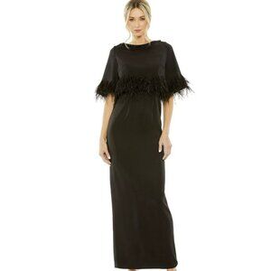 Mac Duggal Black Feather Beaded Short Sleeve Formal Gown Maxi Dress NWT Sz 10